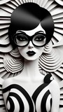 Stylish monochrome abstract portrait of a woman with black glasses and intricate hair design, showcasing modern art and fashion.