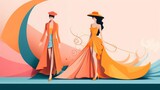 Stylish women in fashionable outfits with vibrant colors and artistic background, showcasing modern trends and elegance.