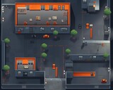 Top view of an urban complex with buildings, trees, vehicles, roads, and parking areas, featuring distinct orange accents.