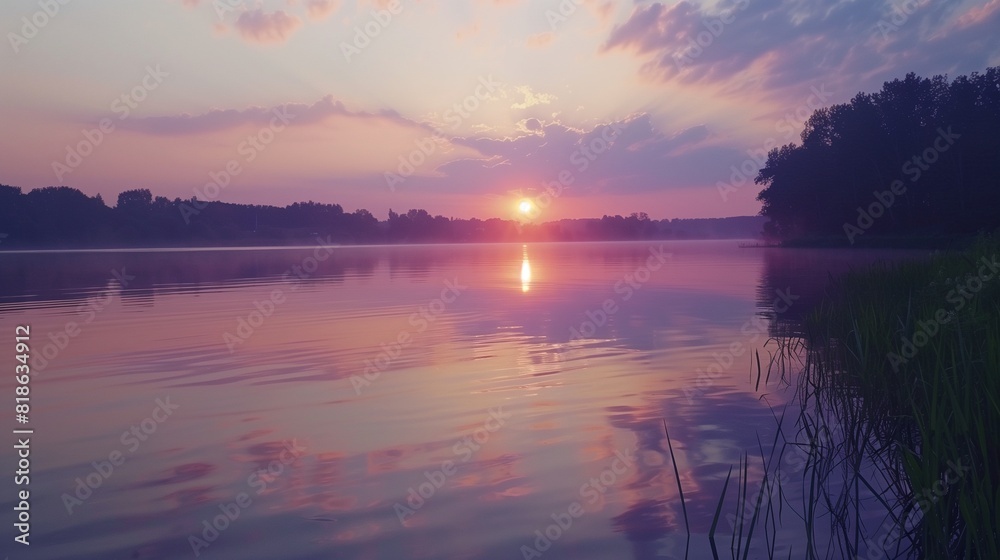 Obraz premium A serene sunrise over a calm lake, reflecting the warm colors of the morning sky