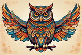 Stylized owl in ethnic vector full color, sketch vintage illustration