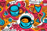 Vibrant abstract illustration featuring coffee cups surrounded by playful geometric shapes and vivid colors, which characterizes modern art.