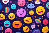 Vibrant and colorful seamless pattern with cute smiling emoticons, stars, clouds, and hearts on a dark background, perfect for digital art projects.
