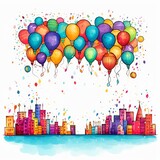 Vibrant cityscape with colorful balloons floating above, creating a festive and joyful atmosphere. Perfect for celebrations and events.
