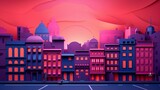 Vibrant digital cityscape illustration with colorful buildings and a dramatic sunset sky, showcasing modern urban architecture in warm hues.