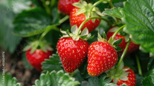 Fresh red strawberries with lush green leaves in organic farm background.