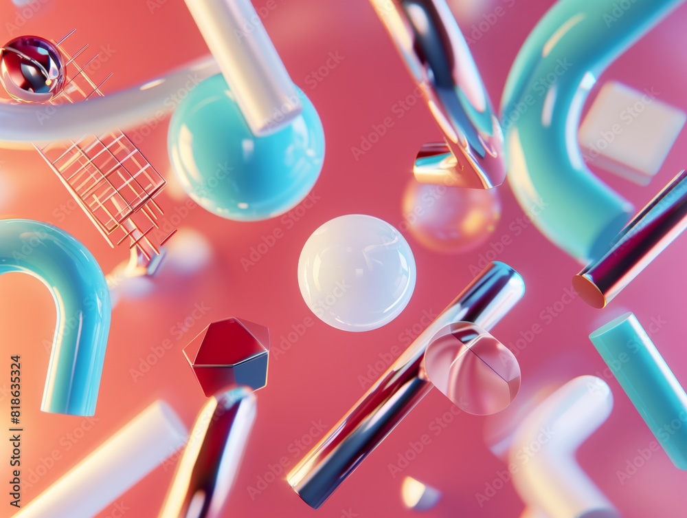3d tubular simple shapes and spheres with holographic gradient colors. Abstract retro background.