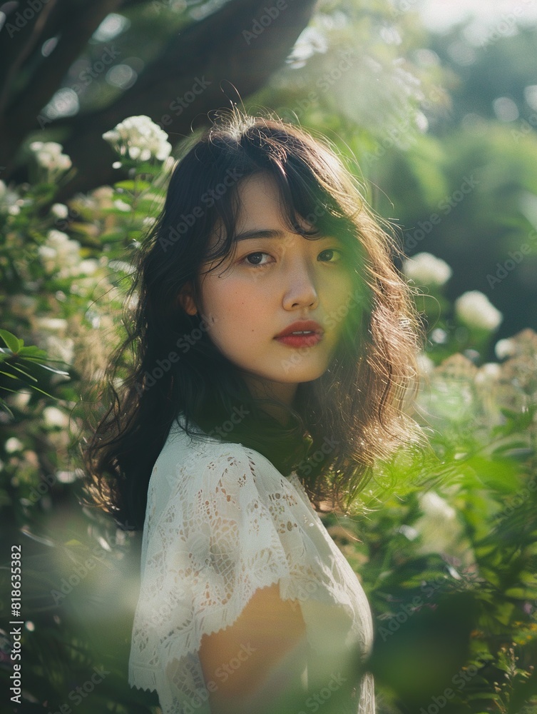 Young asian woman portrait with the flower garden background. Young asian woman portrait with the flower garden background.