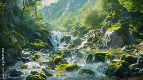 A sparkling mountain stream cascading over moss-covered rocks, framed by towering evergreens and rugged cliffs.
