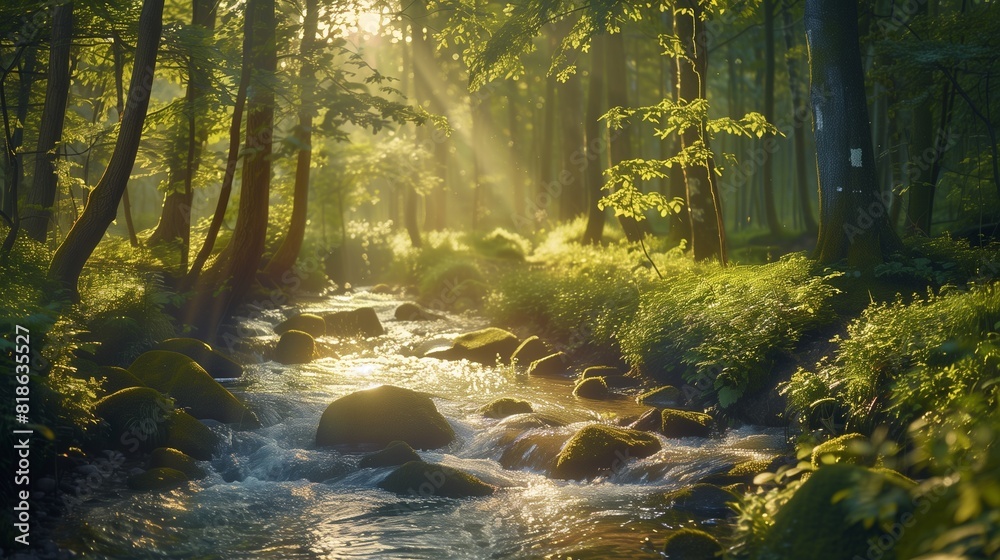 A sun-dappled forest glade nestled alongside a babbling brook, inviting weary travelers to pause and rejuvenate.