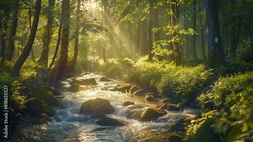 A sun-dappled forest glade nestled alongside a babbling brook  inviting weary travelers to pause and rejuvenate.