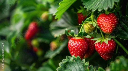 Fresh red strawberries with lush green leaves in organic farm background.