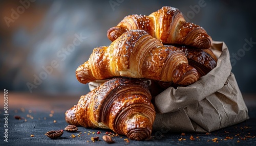 Pile of delicious, freshly baked croissants in a paper bag on a rustic table, showcasing their golden, flaky texture. photo