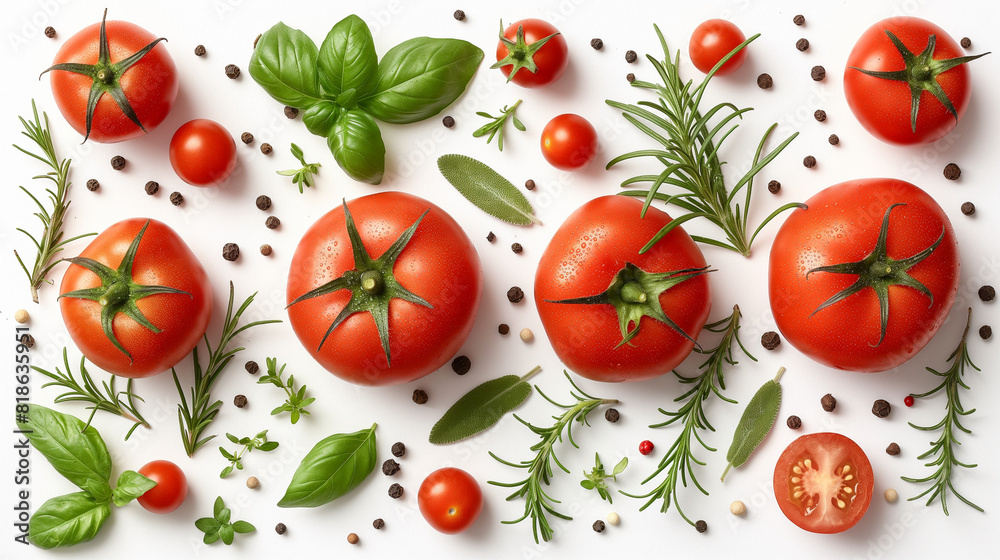 fresh tomato, herbs and spices isolated on white background, top view. fresh tomato, herbs and spices isolated on white background, top view.