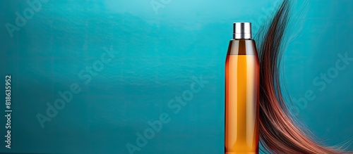 Copy space image of a shampoo bottle and a single strand of hair against a colorful background allowing room for text