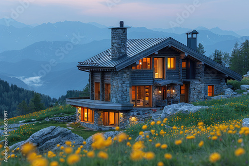 A stone and wood cabin in the mountains of Haute-Savoie, luxury architecture with large windows, nestled on top of a hill overlooking yellow flowers. Created with Ai