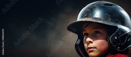 A young baseball player wearing a batting helmet with space for copy in the image