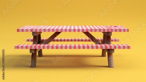 Wooden picnic table covered with a red checkered tablecloth, set against a vibrant yellow background, ready for an outdoor meal.