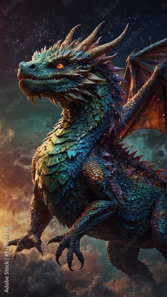 Describe a majestic and mysterious dragon, with scales shimmering in various shades of iridescent colors, gliding through the air with powerful wings outstretched. Describe a majestic and mysterious dragon, with scales shimmering in various shades of iridescent colors, gliding through the air with powerful wings outstretched.