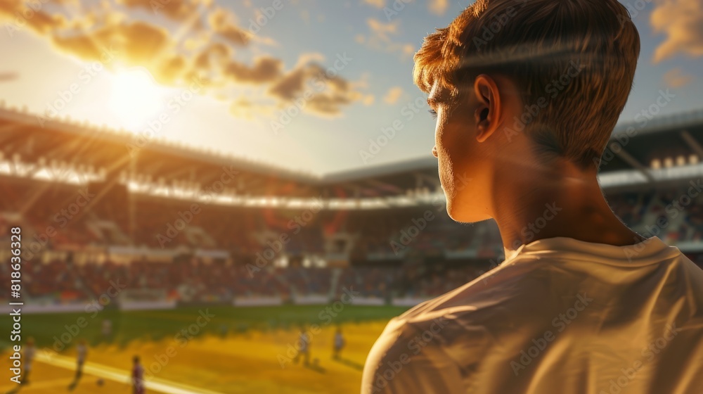 Φωτογραφία A teenage soccer fan relishes a moment of triumph at a sunlit stadium, reflectin