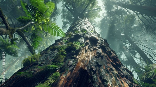 A towering redwood tree reaching towards the heavens  its gnarled bark adorned with patches of vibrant moss and ferns.