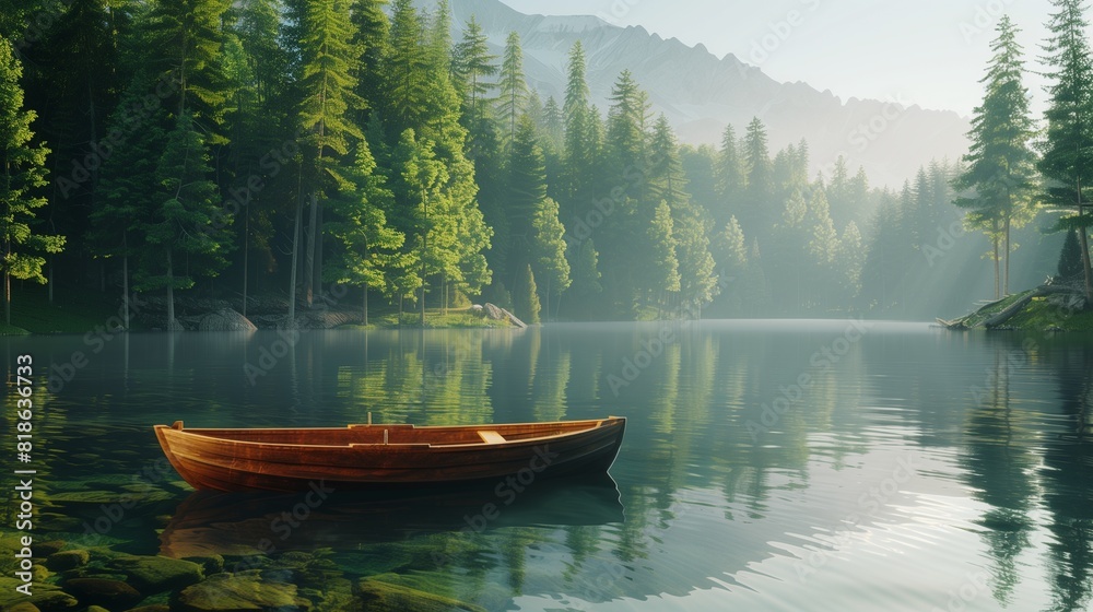 A tranquil alpine lake surrounded by towering pine trees, with a wooden rowboat drifting lazily across the glassy surface.