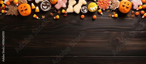 Copy space image of Halloween cookies and jelly sweets arranged on a wooden background photo