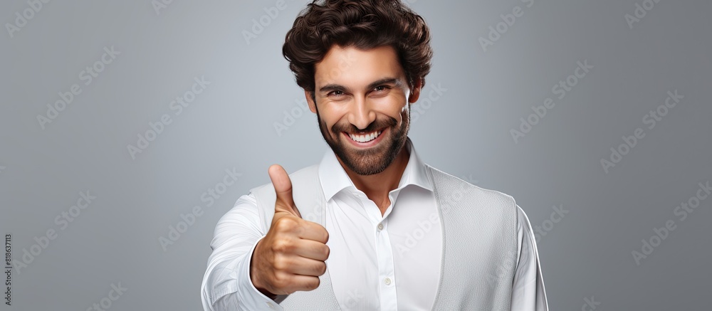 A man displays a cheerful expression giving a thumbs up gesture while holding a blank sheet creating space for copy A man displays a cheerful expression giving a thumbs up gesture while holding a blank sheet creating space for copy