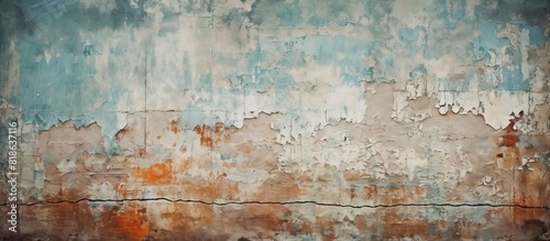 An abstract grunge texture of a vintage wallpaper with a broken brick wall in the background providing copy space for design