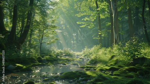 A tranquil forest glen with sunlight filtering through the trees  illuminating a babbling brook and a carpet of lush green moss.