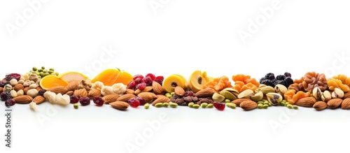 Fototapeta Naklejka Na Ścianę i Meble -  A white background with copy space showcases a variety of sunflower seeds nuts fruits and dried fruits