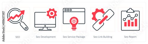 A set of 5 Seo icons as seo, seo development, seo service package