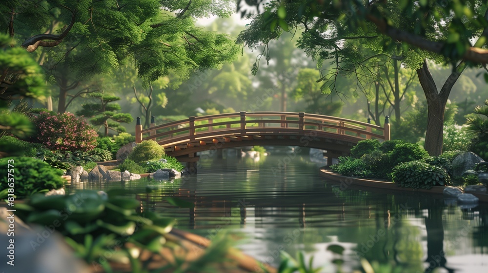 A tranquil Japanese garden with a tranquil pond, wooden bridge, and lush greenery, perfect for peaceful contemplation.