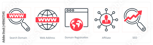 A set of 5 Seo icons as search domain, web address, domain registration
