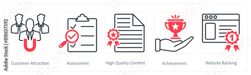A set of 5 Seo icons as customer attraction, assessment, hight quality content