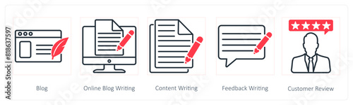 A set of 5 Seo icons as blog, online blog writing, content writing