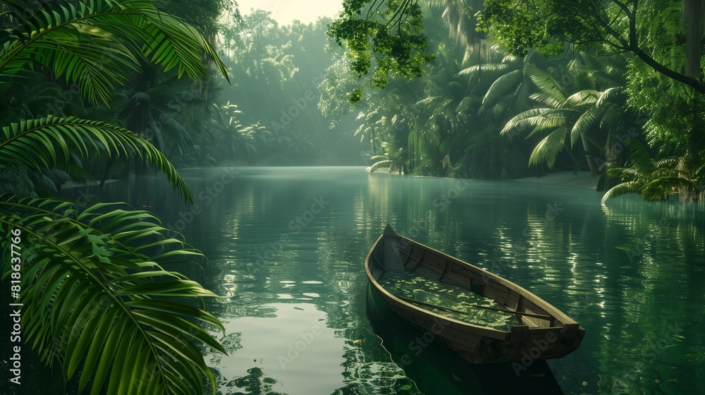 A tranquil lagoon surrounded by lush vegetation, with a small wooden boat drifting lazily on the calm waters.