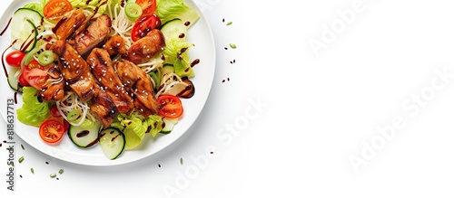 Top view of a Teriyaki Chicken salad on a white background with ample copy space for additional elements in the image