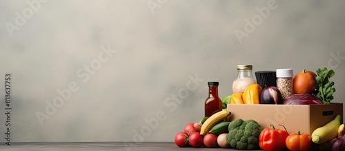 In the kitchen background there is a box filled with food donations There is enough space to include an image. Creative banner. Copyspace image photo