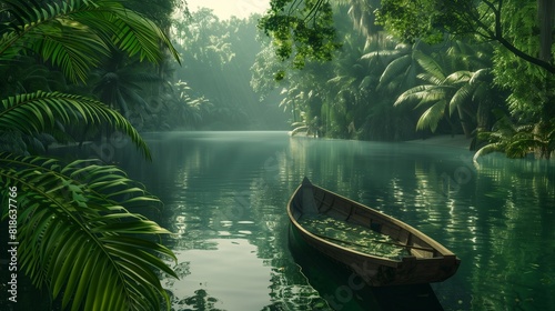 A tranquil lagoon surrounded by lush vegetation, with a small wooden boat drifting lazily on the calm waters.