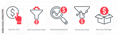 A set of 5 Seo icons as pay per click, seo conversion rate, marketing research