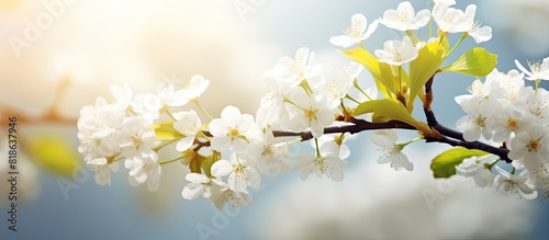 A sunny backdrop showcases a beautiful nature spring background of white sakura flowers The blooming branch provides a copy space image