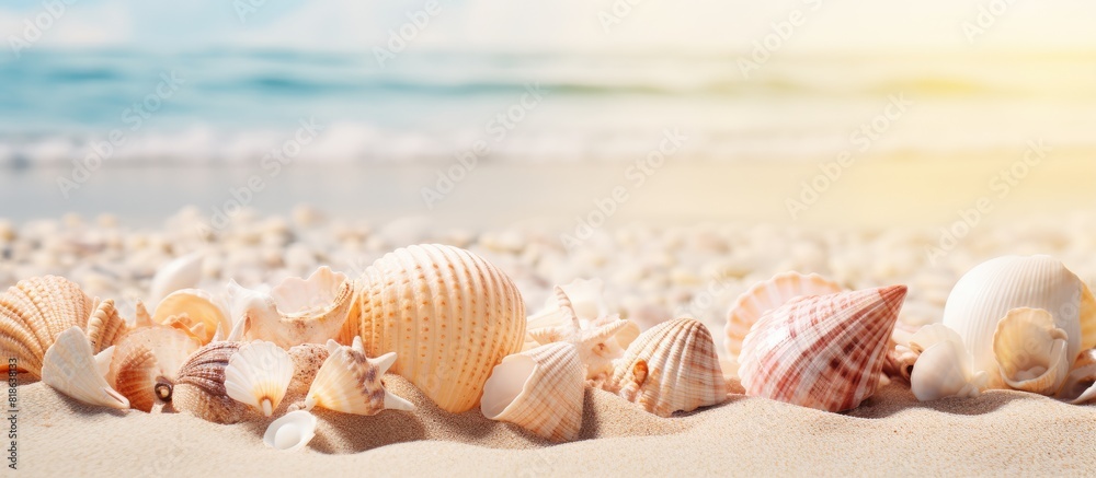 Seashells scattered across the sandy beach creating a picturesque image with plenty of copy space Seashells scattered across the sandy beach creating a picturesque image with plenty of copy space
