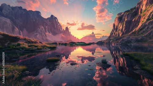 A tranquil pond nestled among towering cliffs  its surface reflecting the fiery hues of a breathtaking sunset sky.