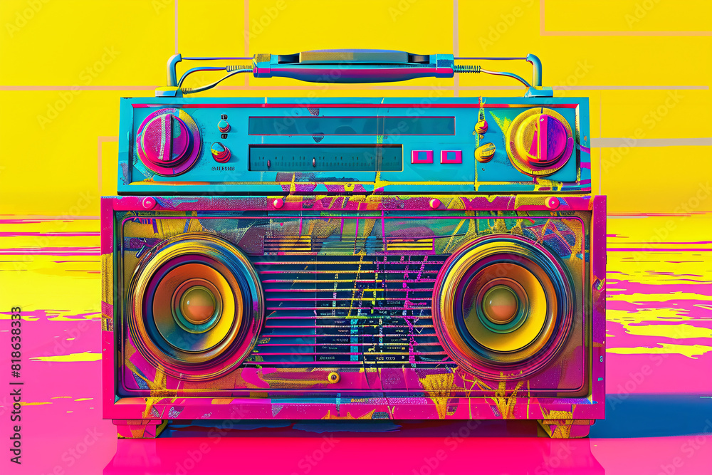 Fototapeta premium Bright, retro, urban 3D Boombox graphic.