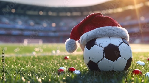 Close up of soccer ball with santa hat in sports stadium. A sanny day at the football stadium. photo