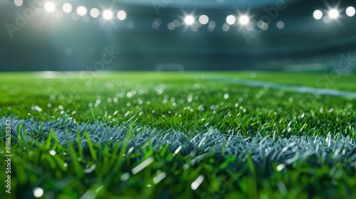 Close up soccer field lines. Background soccer pitch grass football stadium ground view. Grass macro in sports arena with lights background