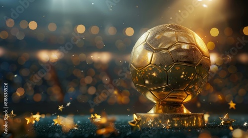 Close-up of golden soccer globe with stars on stadium lights background with space for text. Sport, competition and championship concept. Golden football cup