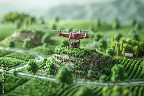 Illustration smart small farm soil analysis unmanned drone technology farming isometric vector data collection aerial precision agriculture.