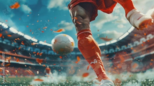 Cropped image of running soccer, football player at stadium during football match.